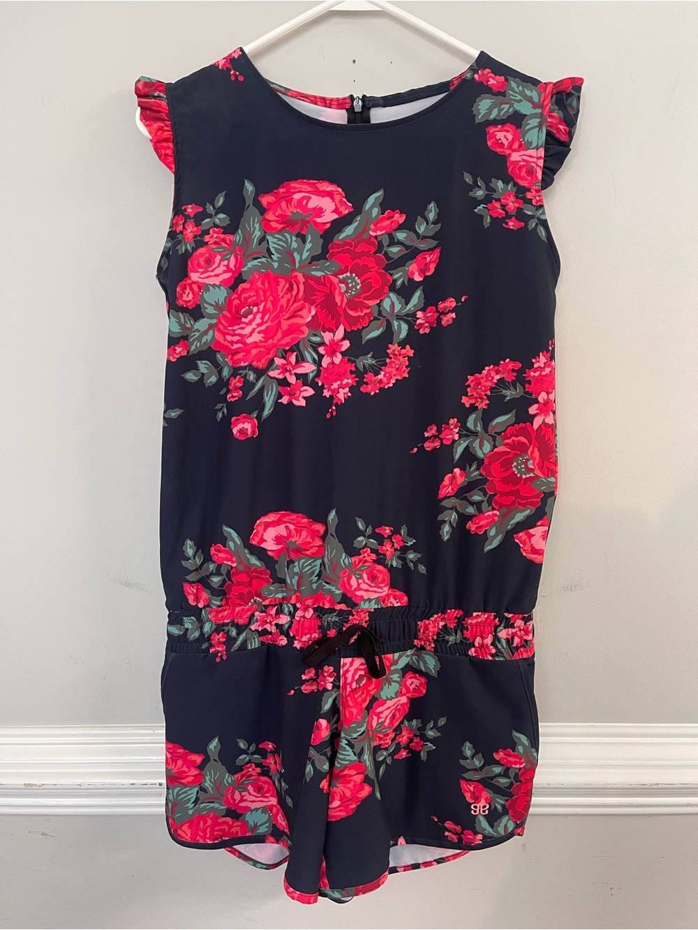 Albion Fit Navy Romper with Bright Pink Floral